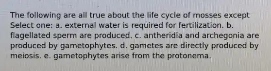 The following are all true about the life cycle of mosses except Select one: a. external water is required for fertilization. b. flagellated sperm are produced. c. antheridia and archegonia are produced by gametophytes. d. gametes are directly produced by meiosis. e. gametophytes arise from the protonema.