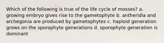 Which of the following is true of the life cycle of mosses? a. growing embryo gives rise to the gametophyte b. antheridia and archegonia are produced by gametophytes c. haploid generation grows on the sporophyte generations d. sporophyte generation is dominant