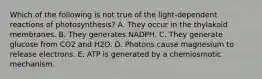 Which of the following is not true of the light-dependent reactions of photosynthesis? A. They occur in the thylakoid membranes. B. They generates NADPH. C. They generate glucose from CO2 and H2O. D. Photons cause magnesium to release electrons. E. ATP is generated by a chemiosmotic mechanism.