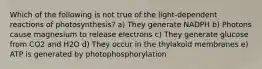 Which of the following is not true of the light-dependent reactions of photosynthesis? a) They generate NADPH b) Photons cause magnesium to release electrons c) They generate glucose from CO2 and H2O d) They occur in the thylakoid membranes e) ATP is generated by photophosphorylation