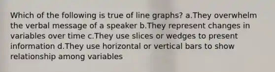 Which of the following is true of line graphs? a.They overwhelm the verbal message of a speaker b.They represent changes in variables over time c.They use slices or wedges to present information d.They use horizontal or vertical bars to show relationship among variables