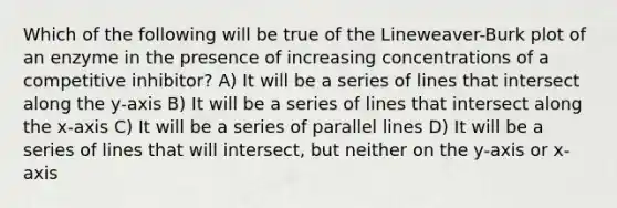 Which of the following will be true of the Lineweaver-Burk plot of an enzyme in the presence of increasing concentrations of a competitive inhibitor? A) It will be a series of lines that intersect along the y-axis B) It will be a series of lines that intersect along the x-axis C) It will be a series of parallel lines D) It will be a series of lines that will intersect, but neither on the y-axis or x-axis