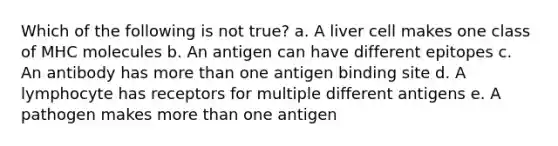 Which of the following is not true? a. A liver cell makes one class of MHC molecules b. An antigen can have different epitopes c. An antibody has more than one antigen binding site d. A lymphocyte has receptors for multiple different antigens e. A pathogen makes more than one antigen