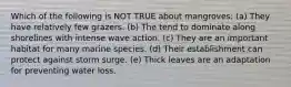 Which of the following is NOT TRUE about mangroves: (a) They have relatively few grazers. (b) The tend to dominate along shorelines with intense wave action. (c) They are an important habitat for many marine species. (d) Their establishment can protect against storm surge. (e) Thick leaves are an adaptation for preventing water loss.