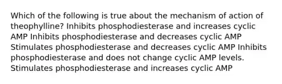 Which of the following is true about the mechanism of action of theophylline? Inhibits phosphodiesterase and increases cyclic AMP Inhibits phosphodiesterase and decreases cyclic AMP Stimulates phosphodiesterase and decreases cyclic AMP Inhibits phosphodiesterase and does not change cyclic AMP levels. Stimulates phosphodiesterase and increases cyclic AMP