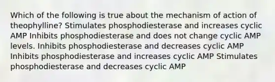 Which of the following is true about the mechanism of action of theophylline? Stimulates phosphodiesterase and increases cyclic AMP Inhibits phosphodiesterase and does not change cyclic AMP levels. Inhibits phosphodiesterase and decreases cyclic AMP Inhibits phosphodiesterase and increases cyclic AMP Stimulates phosphodiesterase and decreases cyclic AMP