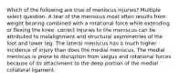 Which of the following are true of meniscus injuries? Multiple select question. A tear of the meniscus most often results from weight bearing combined with a rotational force while extending or flexing the knee. correct Injuries to the meniscus can be attributed to malalignment and structural asymmetries of the foot and lower leg. The lateral meniscus has a much higher incidence of injury than does the medial meniscus. The medial meniscus is prone to disruption from valgus and rotational forces because of its attachment to the deep portion of the medial collateral ligament.