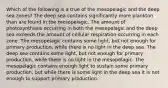 Which of the following is a true of the mesopelagic and the deep sea zones? The deep sea contains significantly more plankton than are found in the mesopelagic. The amount of photosynthesis occurring in both the mesopelagic and the deep sea exceeds the amount of cellular respiration occurring in each zone. The mesopelagic contains some light, but not enough for primary production, while there is no light in the deep sea. The deep sea contains some light, but not enough for primary production, while there is no light in the mesopelagic. The mesopelagic contains enough light to sustain some primary production, but while there is some light in the deep sea it is not enough to support primary production.