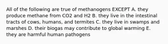 All of the following are true of methanogens EXCEPT A. they produce methane from CO2 and H2 B. they live in the intestinal tracts of cows, humans, and termites C. they live in swamps and marshes D. their biogas may contribute to global warming E. they are harmful human pathogens