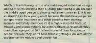 Which of the following is true of a middle-aged individual losing a job? A) It is less stressful than a young adult losing a job because the middle-aged person is close to retirement anyway B) It is not as stressful as for a young adult because the middle-aged person can get health insurance and other benefits from working spouses and family members C) It is highly stressful because middle-aged people tend to have more financial responsibilities than other age groups D) It is less stressful than for younger people because they won't have trouble getting a job with all the experience the middle-aged person has