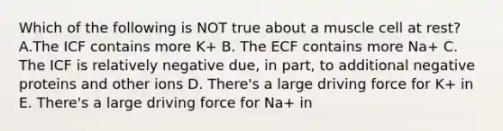 Which of the following is NOT true about a muscle cell at rest? A.The ICF contains more K+ B. The ECF contains more Na+ C. The ICF is relatively negative due, in part, to additional negative proteins and other ions D. There's a large driving force for K+ in E. There's a large driving force for Na+ in