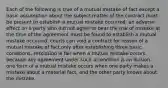 Each of the following is true of a mutual mistake of fact except a basic assumption about the subject matter of the contract must be present to establish a mutual mistake occurred. an adverse effect on a party who did not agree to bear the risk of mistake at the time of the agreement must be found to establish a mutual mistake occurred. courts can void a contract for reason of a mutual mistake of fact only after establishing three basic conditions. rescission is fair when a mutual mistake occurs because any agreement under such a condition is an illusion. one form of a mutual mistake occurs when one party makes a mistake about a material fact, and the other party knows about the mistake.