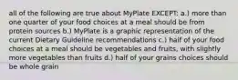 all of the following are true about MyPlate EXCEPT: a.) more than one quarter of your food choices at a meal should be from protein sources b.) MyPlate is a graphic representation of the current Dietary Guideline recommendations c.) half of your food choices at a meal should be vegetables and fruits, with slightly more vegetables than fruits d.) half of your grains choices should be whole grain