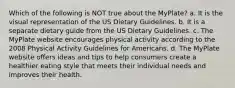 Which of the following is NOT true about the MyPlate? a. It is the visual representation of the US Dietary Guidelines. b. It is a separate dietary guide from the US Dietary Guidelines. c. The MyPlate website encourages physical activity according to the 2008 Physical Activity Guidelines for Americans. d. The MyPlate website offers ideas and tips to help consumers create a healthier eating style that meets their individual needs and improves their health.