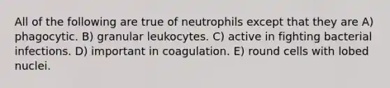 All of the following are true of neutrophils except that they are A) phagocytic. B) granular leukocytes. C) active in fighting bacterial infections. D) important in coagulation. E) round cells with lobed nuclei.