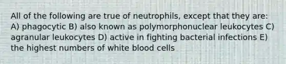 All of the following are true of neutrophils, except that they are: A) phagocytic B) also known as polymorphonuclear leukocytes C) agranular leukocytes D) active in fighting bacterial infections E) the highest numbers of white blood cells