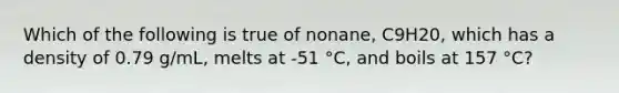 Which of the following is true of nonane, C9H20, which has a density of 0.79 g/mL, melts at -51 °C, and boils at 157 °C?