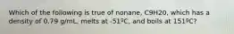 Which of the following is true of nonane, C9H20, which has a density of 0.79 g/mL, melts at -51ºC, and boils at 151ºC?