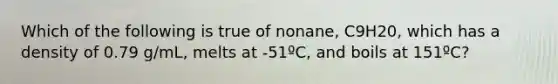 Which of the following is true of nonane, C9H20, which has a density of 0.79 g/mL, melts at -51ºC, and boils at 151ºC?