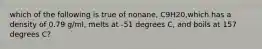 which of the following is true of nonane, C9H20,which has a density of 0.79 g/ml, melts at -51 degrees C, and boils at 157 degrees C?