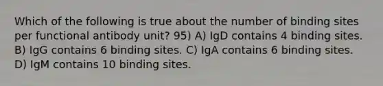 Which of the following is true about the number of binding sites per functional antibody unit? 95) A) IgD contains 4 binding sites. B) IgG contains 6 binding sites. C) IgA contains 6 binding sites. D) IgM contains 10 binding sites.