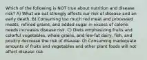 Which of the following is NOT true about nutrition and disease risk? A) What we eat strongly affects our risk of disease and an early death. B) Consuming too much red meat and processed meats, refined grains, and added sugar in excess of calorie needs increases disease risk. C) Diets emphasizing fruits and colorful vegetables, whole grains, and low-fat dairy, fish, and poultry decrease the risk of disease. D) Consuming inadequate amounts of fruits and vegetables and other plant foods will not affect disease risk