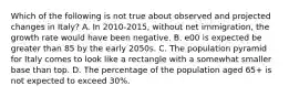Which of the following is not true about observed and projected changes in Italy? A. In 2010-2015, without net immigration, the growth rate would have been negative. B. e00 is expected be greater than 85 by the early 2050s. C. The population pyramid for Italy comes to look like a rectangle with a somewhat smaller base than top. D. The percentage of the population aged 65+ is not expected to exceed 30%.