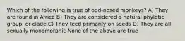 Which of the following is true of odd-nosed monkeys? A) They are found in Africa B) They are considered a natural phyletic group, or clade C) They feed primarily on seeds D) They are all sexually monomorphic None of the above are true
