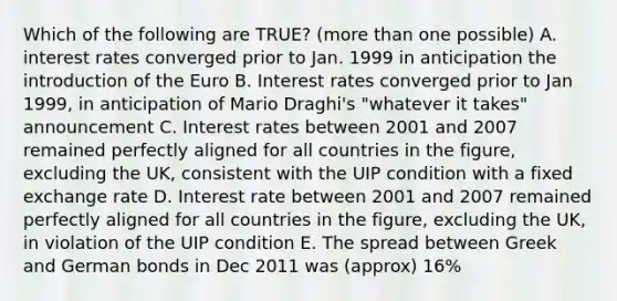 Which of the following are TRUE? (more than one possible) A. interest rates converged prior to Jan. 1999 in anticipation the introduction of the Euro B. Interest rates converged prior to Jan 1999, in anticipation of Mario Draghi's "whatever it takes" announcement C. Interest rates between 2001 and 2007 remained perfectly aligned for all countries in the figure, excluding the UK, consistent with the UIP condition with a fixed exchange rate D. Interest rate between 2001 and 2007 remained perfectly aligned for all countries in the figure, excluding the UK, in violation of the UIP condition E. The spread between Greek and German bonds in Dec 2011 was (approx) 16%