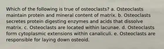 Which of the following is true of osteoclasts? a. Osteoclasts maintain protein and mineral content of matrix. b. Osteoclasts secretes protein digesting enzymes and acids that dissolve matrix. c. Osteoclasts are located within lacunae. d. Osteoclasts form cytoplasmic extensions within canaliculi. e. Osteoclasts are responsible for laying down osteoid.