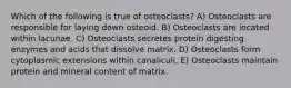 Which of the following is true of osteoclasts? A) Osteoclasts are responsible for laying down osteoid. B) Osteoclasts are located within lacunae. C) Osteoclasts secretes protein digesting enzymes and acids that dissolve matrix. D) Osteoclasts form cytoplasmic extensions within canaliculi. E) Osteoclasts maintain protein and mineral content of matrix.