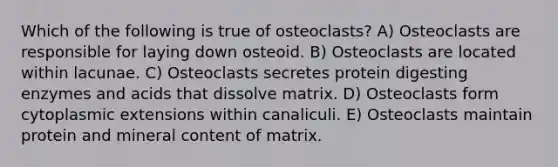 Which of the following is true of osteoclasts? A) Osteoclasts are responsible for laying down osteoid. B) Osteoclasts are located within lacunae. C) Osteoclasts secretes protein digesting enzymes and acids that dissolve matrix. D) Osteoclasts form cytoplasmic extensions within canaliculi. E) Osteoclasts maintain protein and mineral content of matrix.