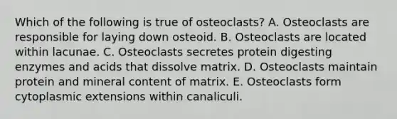 Which of the following is true of osteoclasts? A. Osteoclasts are responsible for laying down osteoid. B. Osteoclasts are located within lacunae. C. Osteoclasts secretes protein digesting enzymes and acids that dissolve matrix. D. Osteoclasts maintain protein and mineral content of matrix. E. Osteoclasts form cytoplasmic extensions within canaliculi.