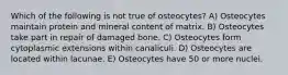 Which of the following is not true of osteocytes? A) Osteocytes maintain protein and mineral content of matrix. B) Osteocytes take part in repair of damaged bone. C) Osteocytes form cytoplasmic extensions within canaliculi. D) Osteocytes are located within lacunae. E) Osteocytes have 50 or more nuclei.