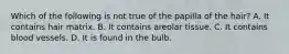 Which of the following is not true of the papilla of the hair? A. It contains hair matrix. B. It contains areolar tissue. C. It contains blood vessels. D. It is found in the bulb.