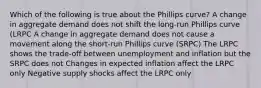 Which of the following is true about the Phillips curve? A change in aggregate demand does not shift the long-run Phillips curve (LRPC A change in aggregate demand does not cause a movement along the short-run Phillips curve (SRPC) The LRPC shows the trade-off between unemployment and inflation but the SRPC does not Changes in expected inflation affect the LRPC only Negative supply shocks affect the LRPC only