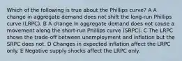 Which of the following is true about the Phillips curve? A A change in aggregate demand does not shift the long-run Phillips curve (LRPC). B A change in aggregate demand does not cause a movement along the short-run Phillips curve (SRPC). C The LRPC shows the trade-off between unemployment and inflation but the SRPC does not. D Changes in expected inflation affect the LRPC only. E Negative supply shocks affect the LRPC only.