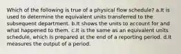 Which of the following is true of a physical flow schedule? a.It is used to determine the equivalent units transferred to the subsequent department. b.It shows the units to account for and what happened to them. c.It is the same as an equivalent units schedule, which is prepared at the end of a reporting period. d.It measures the output of a period.