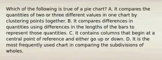 Which of the following is true of a pie chart? A. It compares the quantities of two or three different values in one chart by clustering points together. B. It compares differences in quantities using differences in the lengths of the bars to represent those quantities. C. It contains columns that begin at a central point of reference and either go up or down. D. It is the most frequently used chart in comparing the subdivisions of wholes.