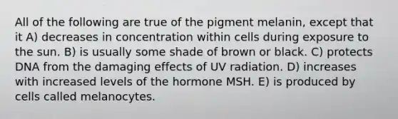 All of the following are true of the pigment melanin, except that it A) decreases in concentration within cells during exposure to the sun. B) is usually some shade of brown or black. C) protects DNA from the damaging effects of UV radiation. D) increases with increased levels of the hormone MSH. E) is produced by cells called melanocytes.