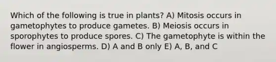 Which of the following is true in plants? A) Mitosis occurs in gametophytes to produce gametes. B) Meiosis occurs in sporophytes to produce spores. C) The gametophyte is within the flower in angiosperms. D) A and B only E) A, B, and C