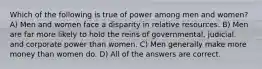 Which of the following is true of power among men and women? A) Men and women face a disparity in relative resources. B) Men are far more likely to hold the reins of governmental, judicial, and corporate power than women. C) Men generally make more money than women do. D) All of the answers are correct.