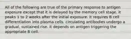 All of the following are true of the primary response to antigen exposure except that it is delayed by the memory cell stage. it peaks 1 to 2 weeks after the initial exposure. it requires B cell differentiation into plasma cells. circulating antibodies undergo a gradual, sustained rise. it depends on antigen triggering the appropriate B cell.