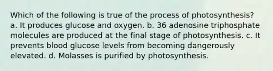 Which of the following is true of the process of photosynthesis? a. It produces glucose and oxygen. b. 36 adenosine triphosphate molecules are produced at the final stage of photosynthesis. c. It prevents blood glucose levels from becoming dangerously elevated. d. Molasses is purified by photosynthesis.