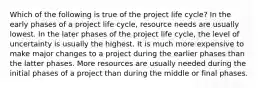 Which of the following is true of the project life cycle? In the early phases of a project life cycle, resource needs are usually lowest. In the later phases of the project life cycle, the level of uncertainty is usually the highest. It is much more expensive to make major changes to a project during the earlier phases than the latter phases. More resources are usually needed during the initial phases of a project than during the middle or final phases.