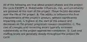 All of the following are true about project phases and the project life cycle EXCEPT: A. Stakeholder influences, risk, and uncertainty are greatest at the start of the project. These factors decrease over the life of the project. B. The ability to influence the final characteristics of the project's product, without significantly impacting cost, is highest at the start of the project and decreases as the project progresses toward completion. C. The cost of changes and correcting errors typically increases substantially as the project approaches completion. D. Cost and staffing levels are generally steady throughout the project life cycle.