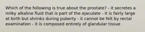 Which of the following is true about the prostate? - it secretes a milky alkaline fluid that is part of the ejaculate - it is fairly large at birth but shrinks during puberty - it cannot be felt by rectal examination - it is composed entirely of glandular tissue