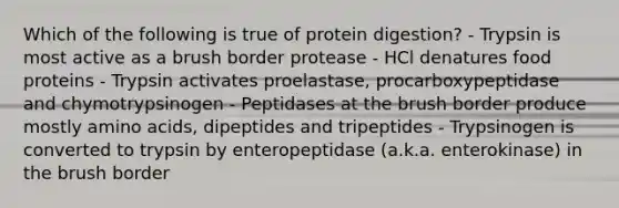 Which of the following is true of protein digestion? - Trypsin is most active as a brush border protease - HCl denatures food proteins - Trypsin activates proelastase, procarboxypeptidase and chymotrypsinogen - Peptidases at the brush border produce mostly amino acids, dipeptides and tripeptides - Trypsinogen is converted to trypsin by enteropeptidase (a.k.a. enterokinase) in the brush border