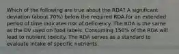 Which of the following are true about the RDA? A significant deviation (about 70%) below the required RDA for an extended period of time indicates risk of deficiency. The RDA is the same as the DV used on food labels. Consuming 150% of the RDA will lead to nutrient toxicity. The RDA serves as a standard to evaluate intake of specific nutrients.