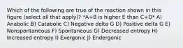 Which of the following are true of the reaction shown in this figure (select all that apply)? *A+B is higher E than C+D* A) Anabolic B) Catabolic C) Negative delta G D) Positive delta G E) Nonspontaneous F) Spontaneous G) Decreased entropy H) Increased entropy I) Exergonic J) Endergonic